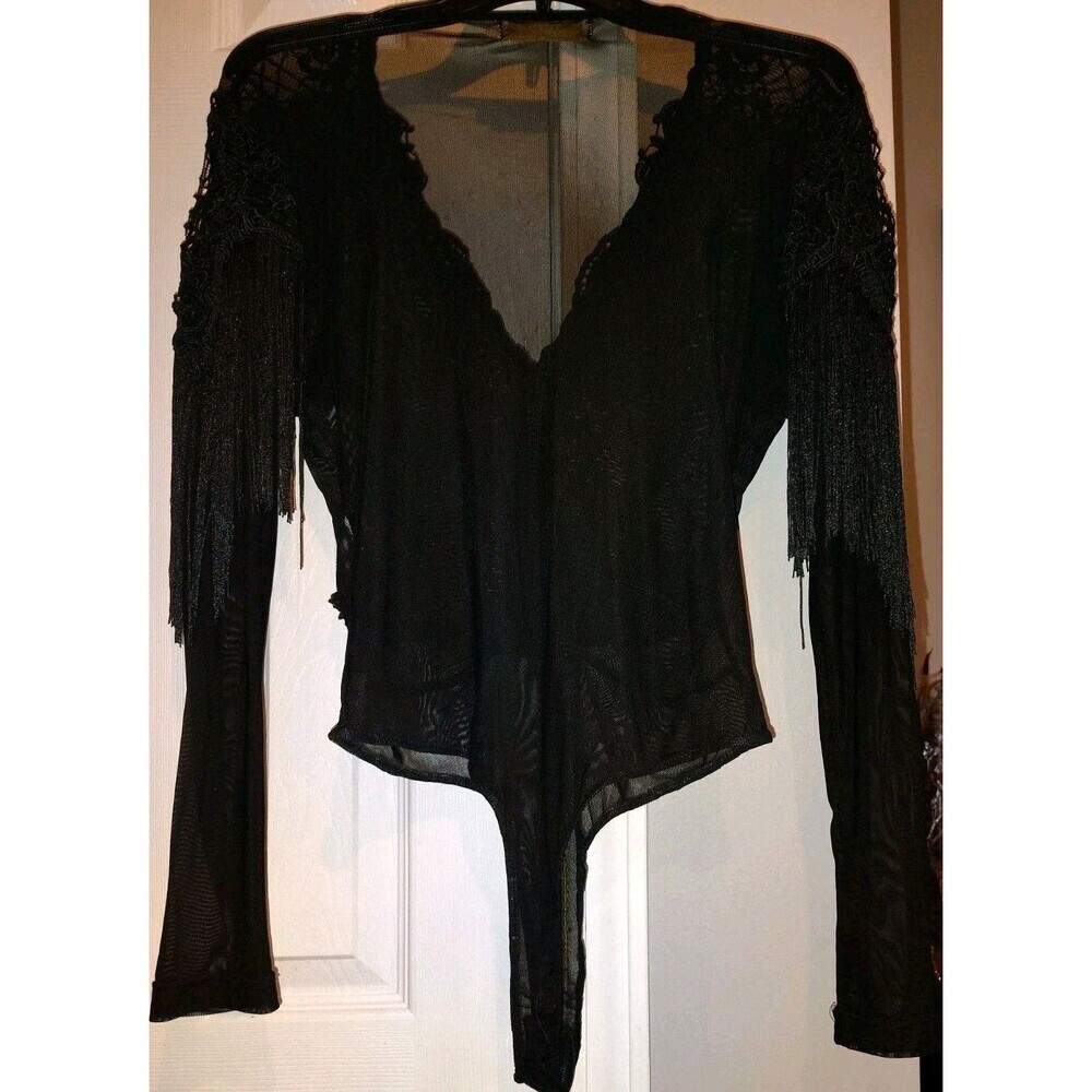 Lizette Collection Black Mesh Bodysuit Large Lace Fringe Sheer Long Sleeve L - Picture 6 of 10